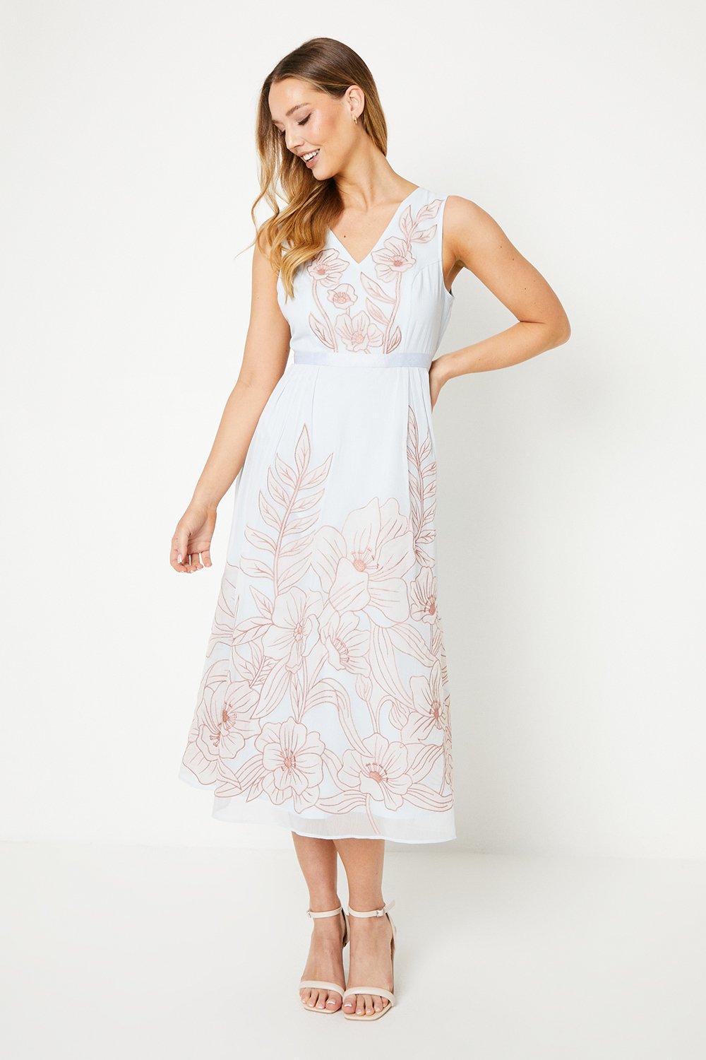 Floral Applique And Embroidered Midi Dress - Pale Blue